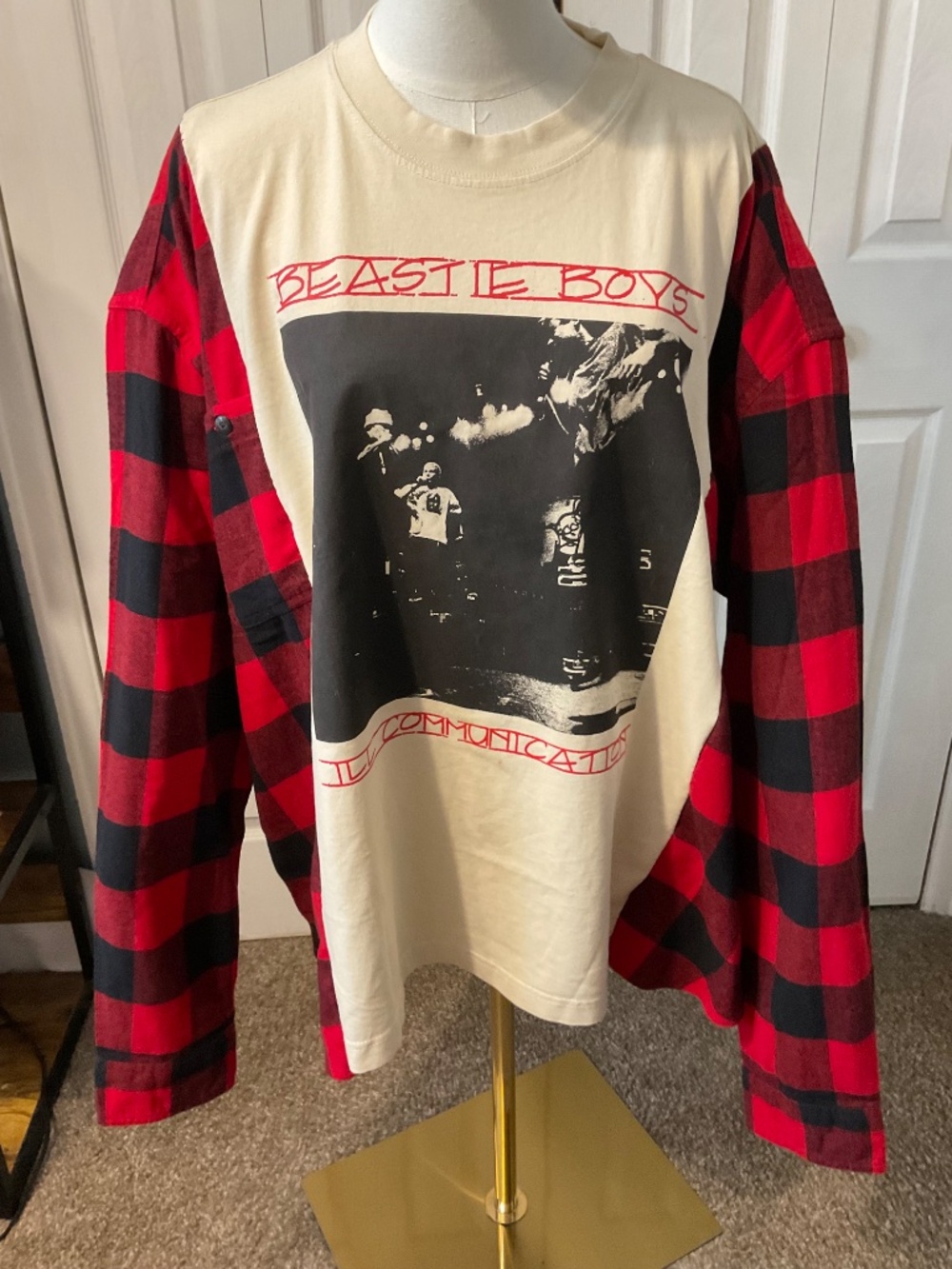 Beastie Boys Upcycled Graphic T-Shirt with Flannel Sleeves - OSFM